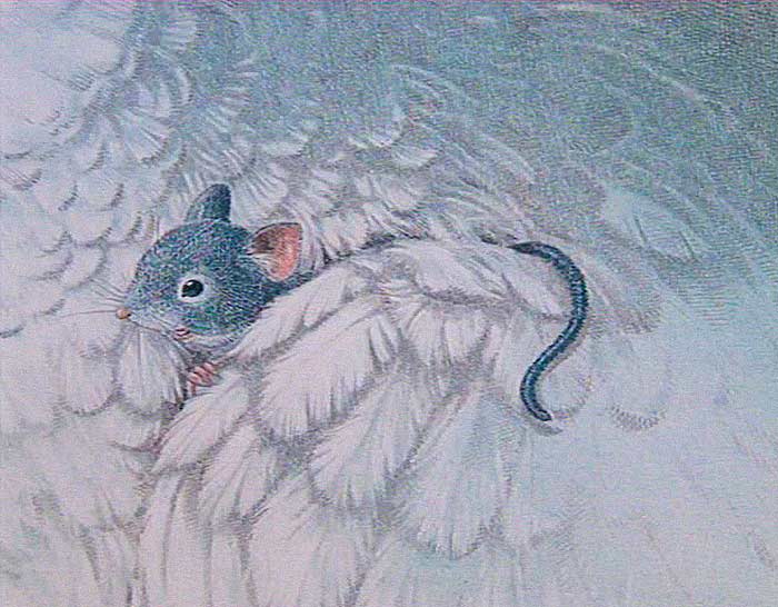 Illustration Eule im Käfig und kleine blaue Maus. Kinderbuchillustration