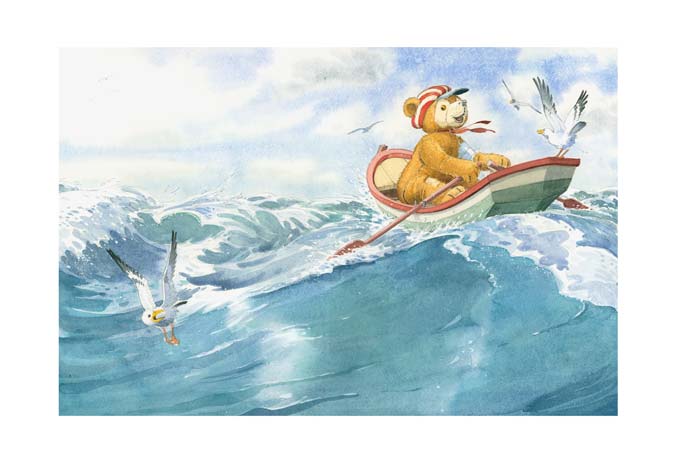 Kinderbuchillustration Teddy auf See, Aquarell